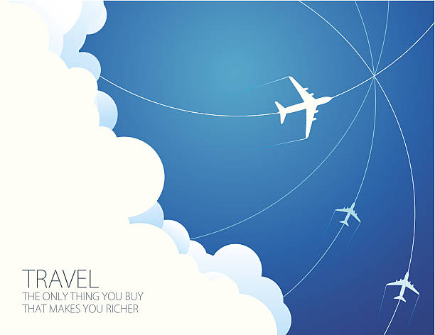 Travel abstract Vector of crisscrossing lines of multiple passenger planes on the way to their locations. Empty white for you edit info. EPS10 ai file format. airplane flying cirrus sky stock illustrations