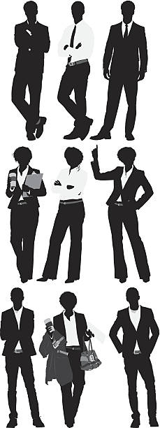 ilustraciones, imágenes clip art, dibujos animados e iconos de stock de múltiples silueta de hombre y mujer de negocios - men inside of suit silhouette
