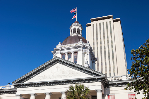 The old and new Florida State Capitol buildings in downtown Tallahassee, Florida.