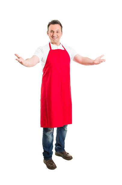 Friendly hypermarket employee with arms wide open
