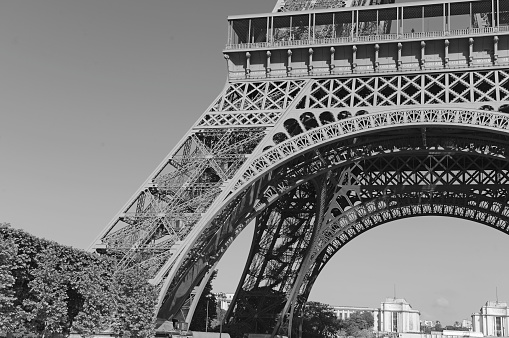 Eiffel Tower with a moody sky in black & white at dusk, Paris, France