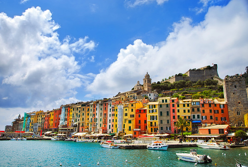 Portovenere old village on the sea. Church and houses. Five lands, Cinque Terre, Liguria Italy Europe.