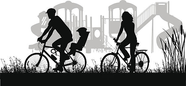 familybiking - focus on shadow women bicycle outdoors stock-grafiken, -clipart, -cartoons und -symbole