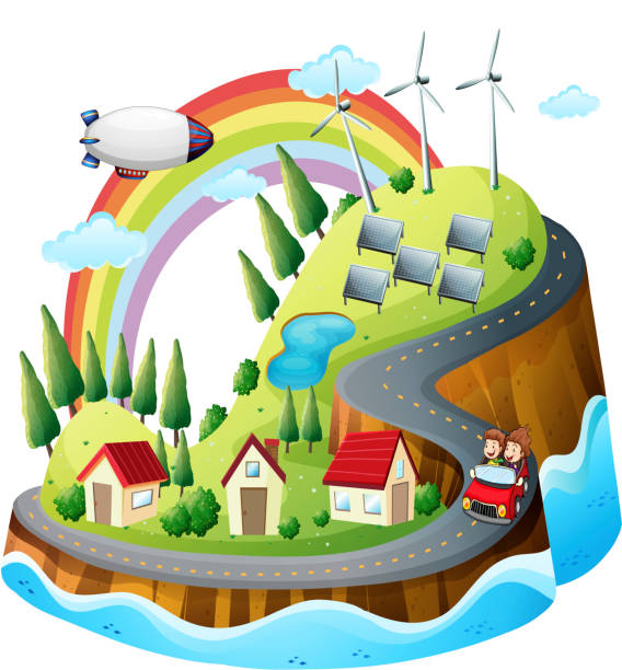 ilustrações de stock, clip art, desenhos animados e ícones de aldeia colorido - vista aérea de carro isolado