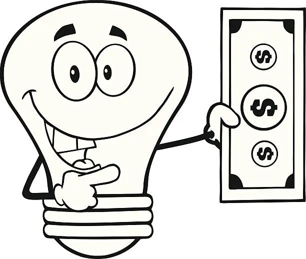 Vector illustration of Black and White Light Bulb Holding A Dollar Bil