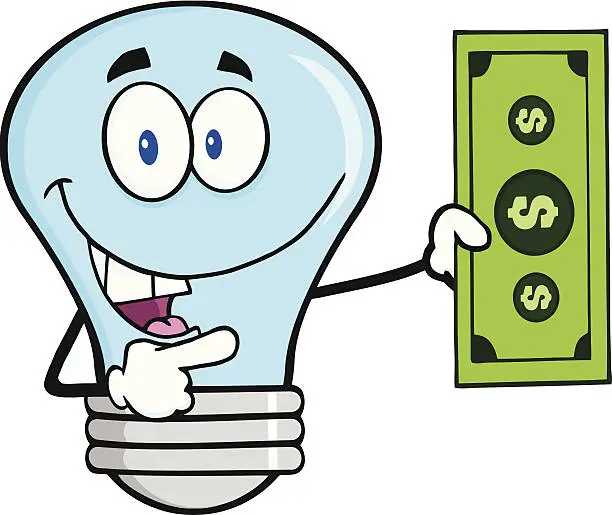 Vector illustration of Blue Light Bulb Holding A Dollar Bil