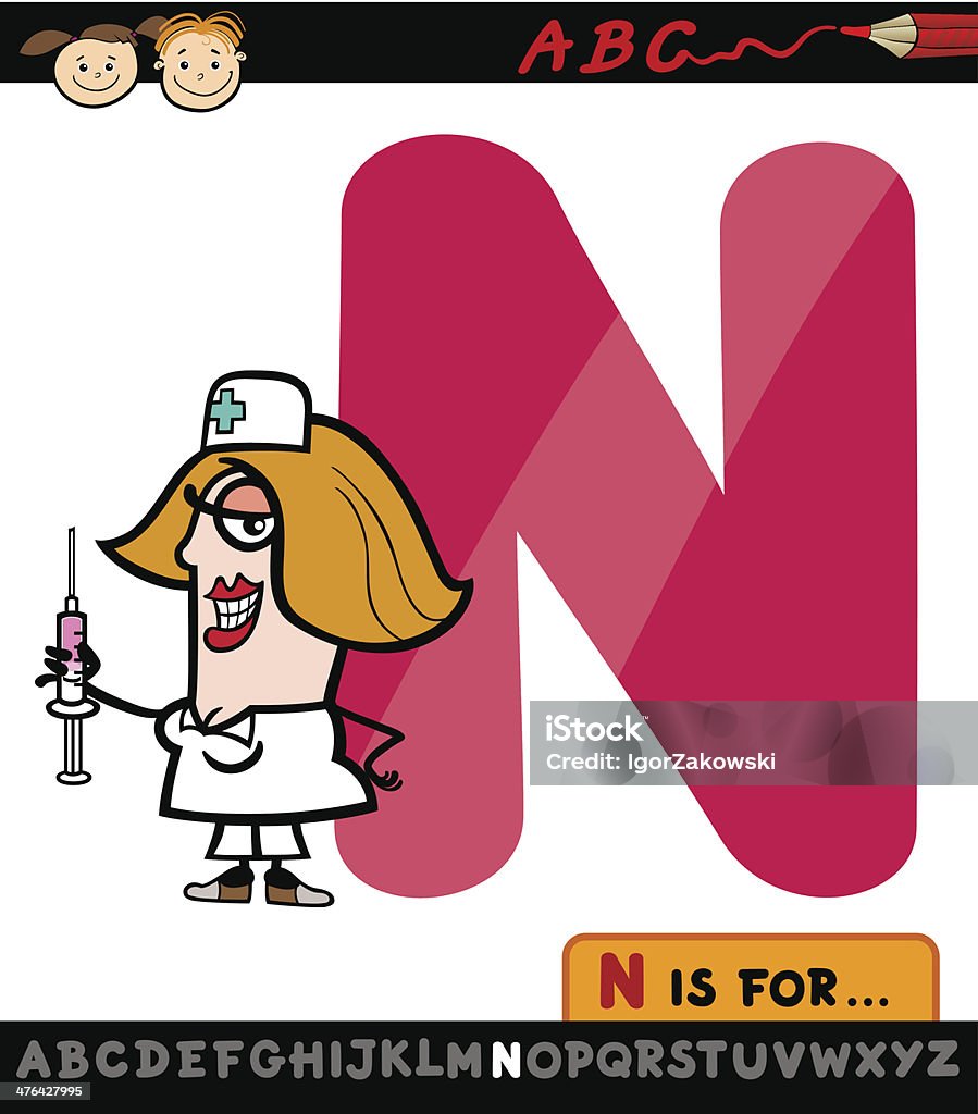 Lettera n con infermiere illustrazione fumetto - arte vettoriale royalty-free di Alfabeto