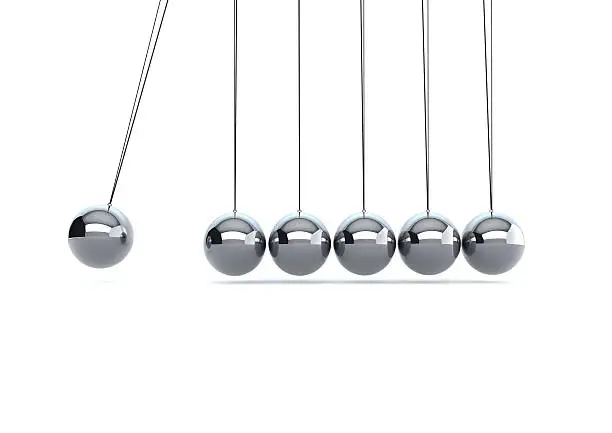 Newtons cradle with six silver metal balls on white background.