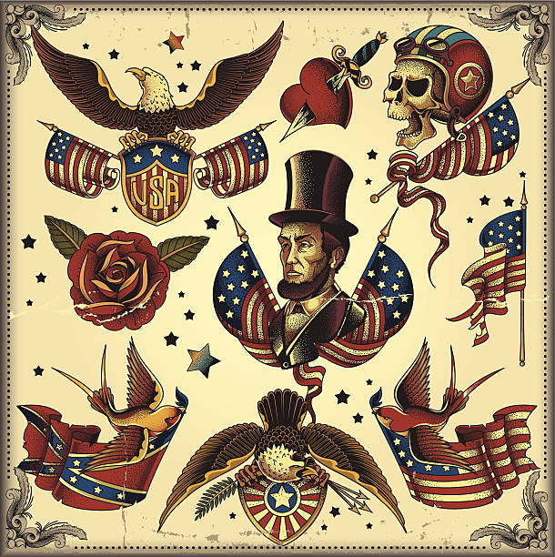 ilustraciones, imágenes clip art, dibujos animados e iconos de stock de usa tatuaje flash - american flag flag usa freedom