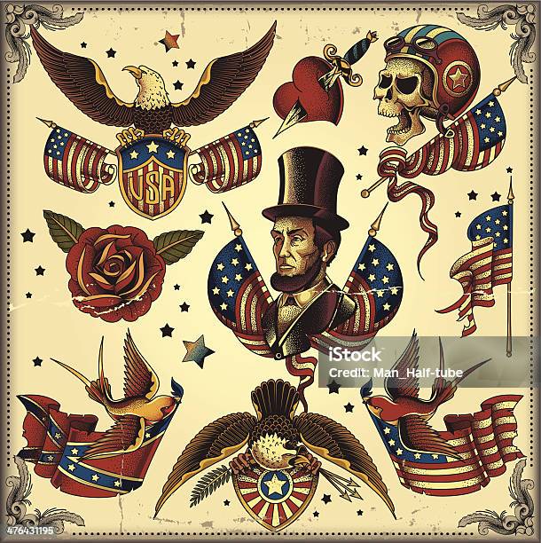 Usa Tattoo Flash Stock Illustration - Download Image Now - American Flag, Tattoo, Retro Style