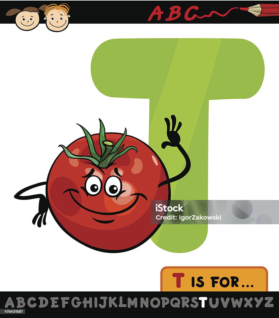 Lettre t avec illustration de dessin animé de tomate - clipart vectoriel de Apprentissage libre de droits