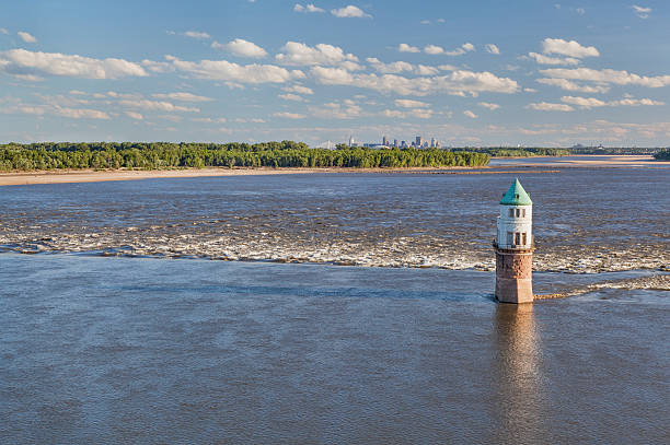 Mississippi RIver at Chain of Rocks with historical water intake tower and distant cityscape of St Louis