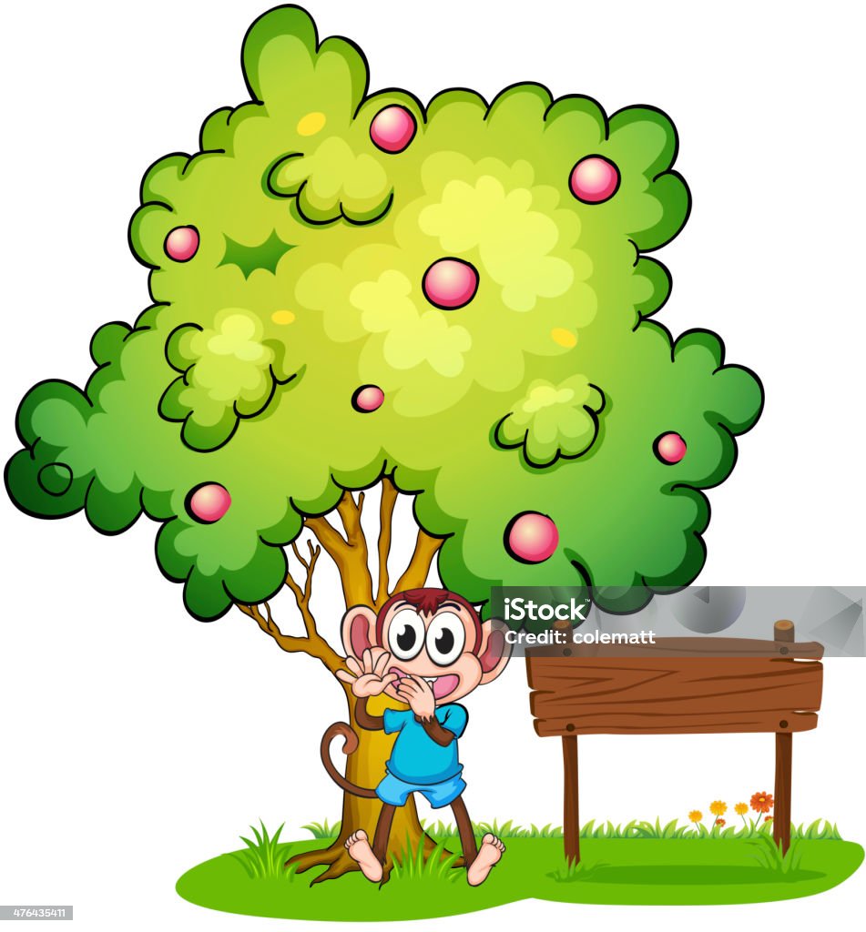 empty signboard beside monkey under the tree empty signboard beside the monkey under the tree on a white background Ape stock vector
