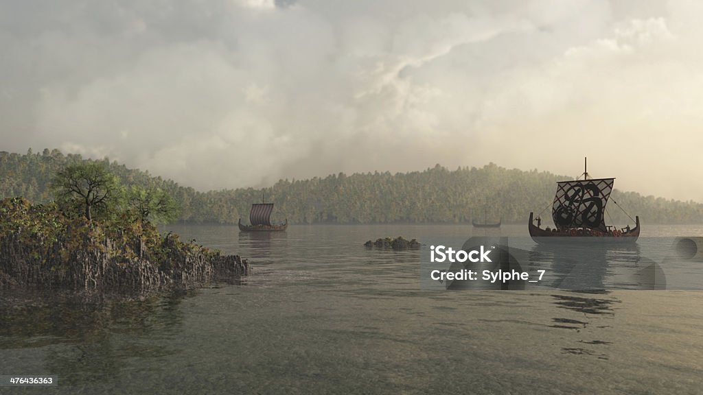 Longships nella nebbia - Foto stock royalty-free di Nave vichinga