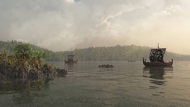 longships na névoa - drakkar imagens e fotografias de stock