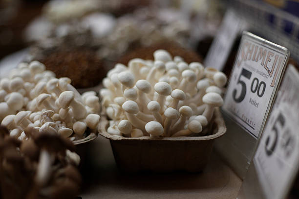 Shimeii mushrooms in a basket at the farmer's market stock photo