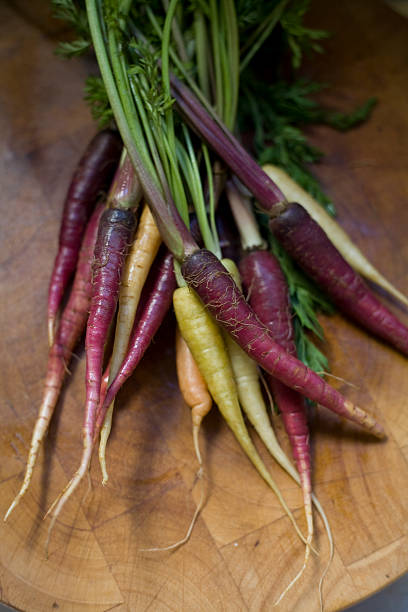 Violeta y amarillo zanahorias con encimeras de zanahoria de mercado de agricultores - foto de stock