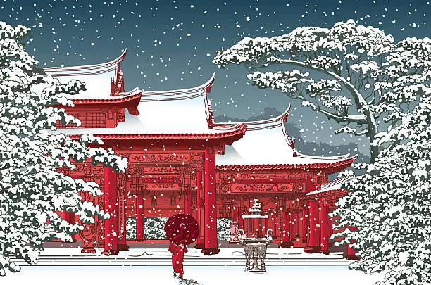 Vector illustration of Japanese or Chinese temple under snow