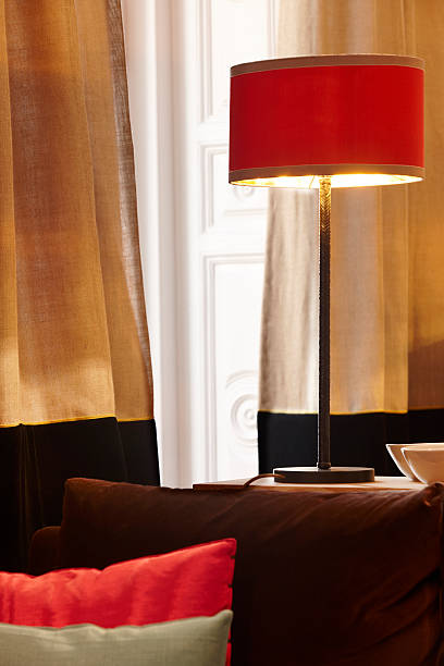 istock Home interior with red lamp and window with curtains 476438152