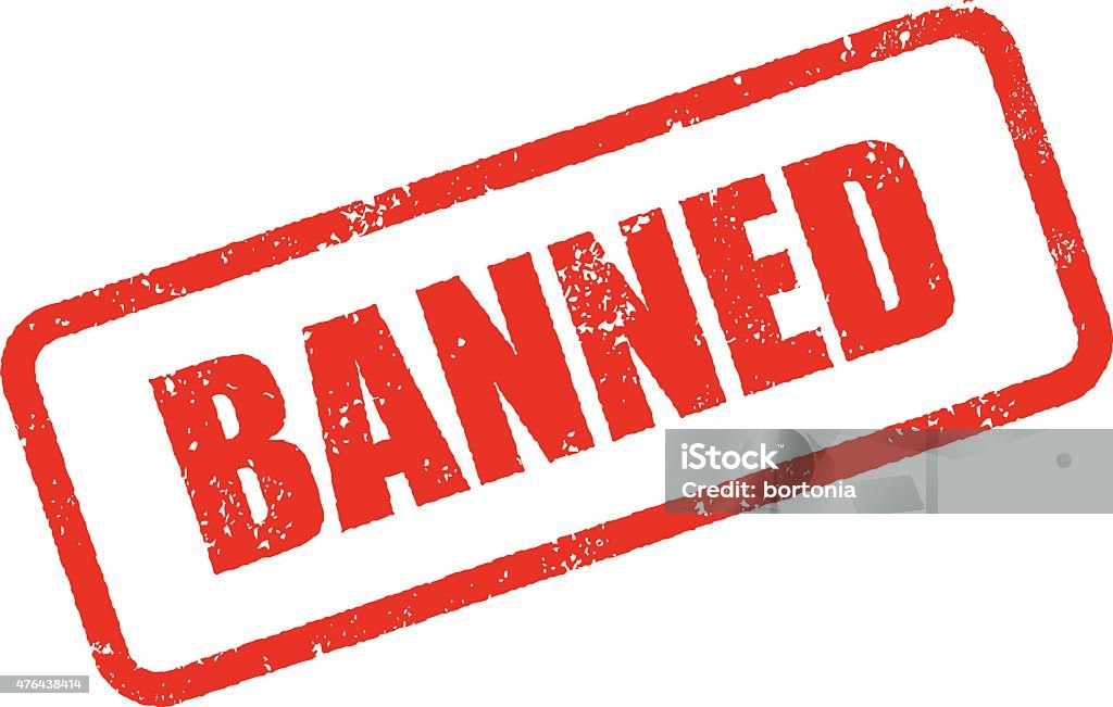 Banned Rubber Stamp Ink Imprint Icon (Transparent Background) A weathered, grungy rubber stamp ink imprint in red. Easily place this stamp into your design as there is no background color (white). Objects will show through the grunge texture punched out of the stamp. Download includes a high resolution RGB JPEG as well as an editable AI10 vector EPS. Forbidden stock vector