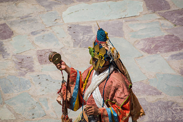 Hemis Festival 2014 at Hemis Monastery. Leh Ladakh,India - July 7,2014 : Lamas (monks) perform mask dances in Hemis Festival 2014 at Hemis Monastery. cham mask stock pictures, royalty-free photos & images