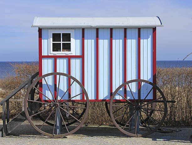 Replica of a historic bath car (to remove clothing before going into the water) at the seaside resort Bansin, Baltic Sea, Germany