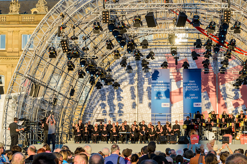 Stuttgart, Germany - June 3, 2015: The SWR Big Band performs at the ceremonial opening night of the Evangelischen Kirchentag, German Protestant Church Congress. It is a public event, no tickets are sold.