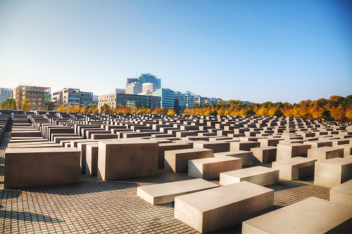 Berlin, Germany - October 5, 2014: Memorial to the Murdered Jews of Europe. It's a memorial to the Jewish victims of the Holocaust, designed by architect Peter Eisenman and engineer Buro Happold.