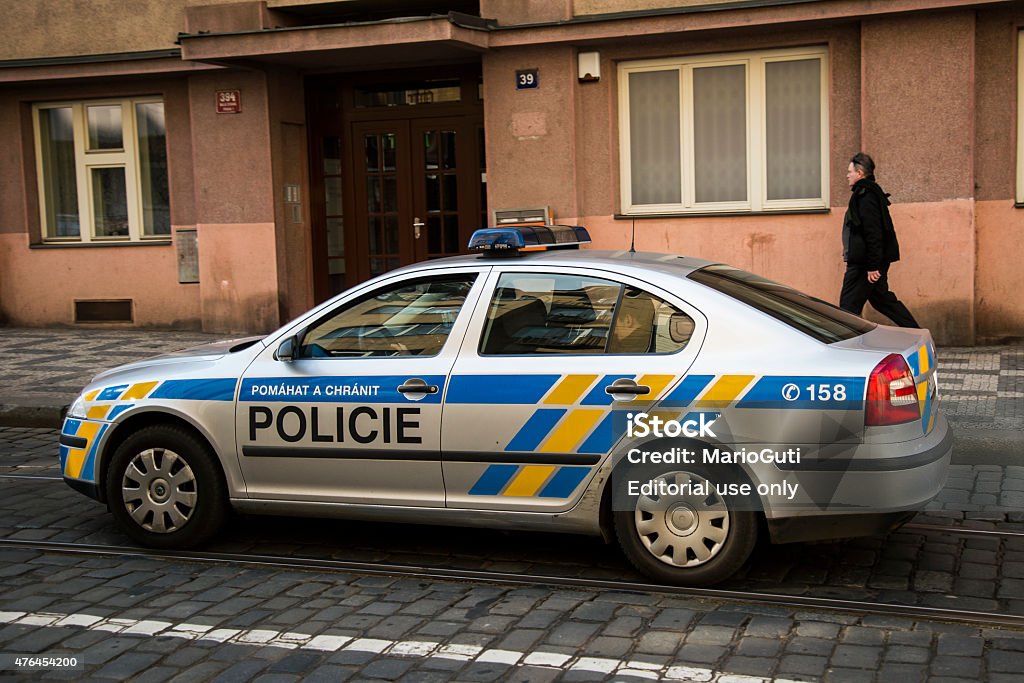 Czech police car Prague, Czech Republic - February 26, 2015: A Skoda police car parked in one street in Prague, the Czech capital.  Czech Republic Stock Photo