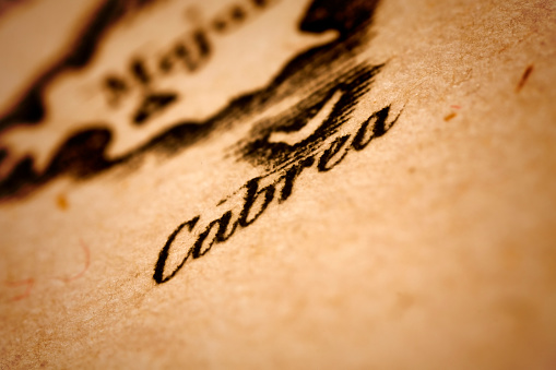 Cabrera on an old 1790's map. Cabrera is an uninhabited islet in the Balearic Islands, Spain, located in the Mediterranean Sea off the southern coast of Majorca. It is a National Park. Selective focus and Canon EOS 5D Mark II with MP-E 65mm macro lens.