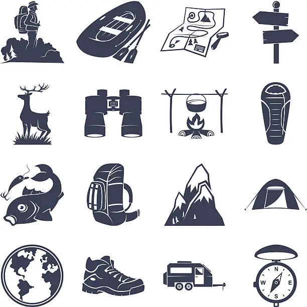 Vector illustration of Tourism and camping detailed icons set