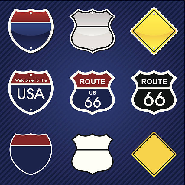 ilustrações de stock, clip art, desenhos animados e ícones de sinais de estrada - route 66 thoroughfare sign number 66