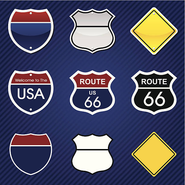 дорожных знаки - route 66 thoroughfare sign number 66 stock illustrations