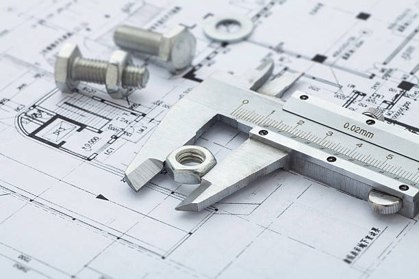 Metal nut measuring Vernier calipers on drawing vernier calipers measuring metal nut,on drawing background Hardware stock pictures, royalty-free photos & images