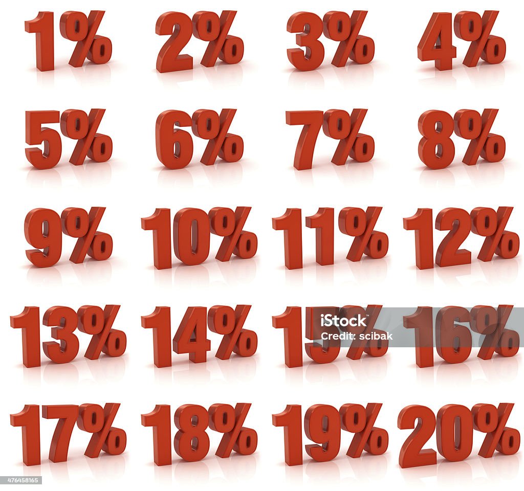 Percentage from 1 to 20 3D percentage numbers from 1% to 20% Each element is isolated on white background, just cut the image into even pieces. Three Dimensional Stock Photo