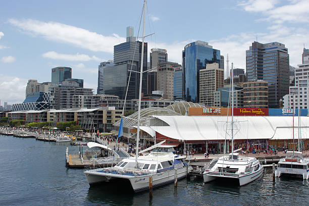 Sydney, Australia - December 30, 2012: Skyline of Darling Harbour with marina on December 30, 2012 in Sydney, Australia.