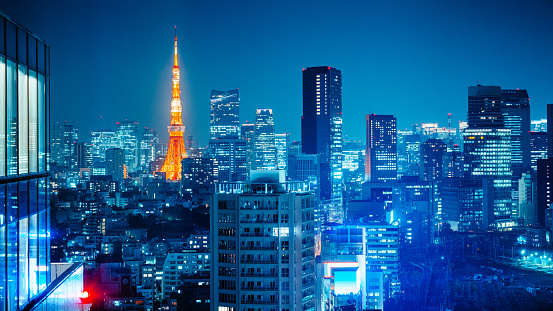 Panorama of Tokyo with the Tokyo tower illuminated at night. Japan.