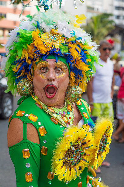 Street Carnival in Rio Rio de Janeiro, Brazil - March 1, 2014: Drag queen photographed few minutes before Ipanema Band 50th Parade nudie suit stock pictures, royalty-free photos & images
