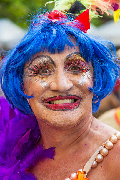 Street Carnival in Rio Rio de Janeiro, Brazil - March 1, 2014: Drag queen photographed few minutes before Ipanema Band 50th Parade nudie suit stock pictures, royalty-free photos & images