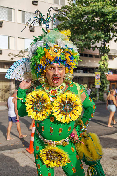 Street Carnival in Rio Rio de Janeiro, Brazil - March 1, 2014: Drag queen photographed few minutes before Ipanema Band 50th Parade nudie suit stock pictures, royalty-free photos & images