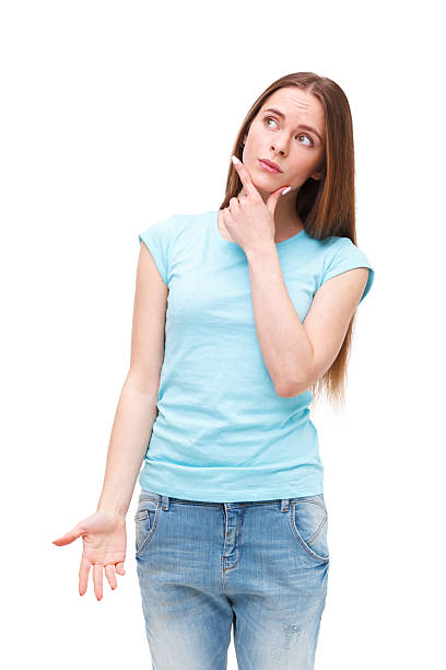 istock Beautiful thoughtful woman looking up - isolated on white. 476461848