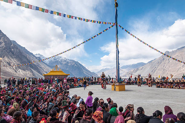 Diskit Festival Diskit,Ladakh,India -October 14,2012:Traditional artists perform Cham dance(masked danc is some sects of Buddhists) during Diskit Festival at Diskit monastery in Diskit,Ladakh, India. cham mask stock pictures, royalty-free photos & images