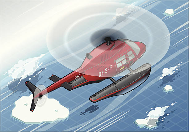 isometric arctic notfall hubschrauber im flug in rückansicht - rescue helicopter coast guard protection stock-grafiken, -clipart, -cartoons und -symbole