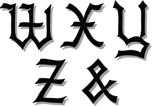 Illustration of Gothic alphabet letters in caps, written in black, W, X, Y, Z, ampersand