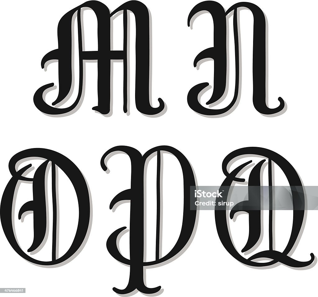 Alfabeto de letras M, N, O, P Q serifa caracteres - Vetor de Arte royalty-free