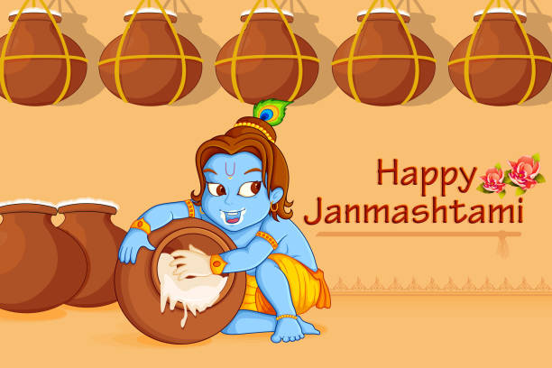 Lord Krishna stealing makhaan in Janmashtami illustration of Lord Krishna stealing makhaan in Janmashtami mahabharata stock illustrations