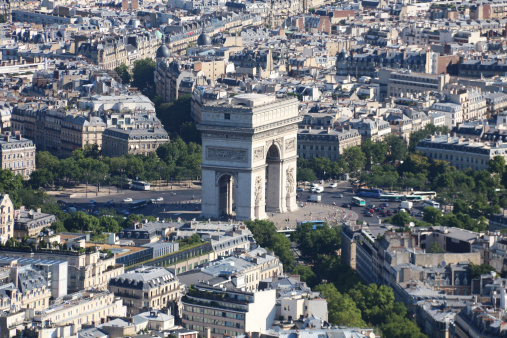 Aerial view toward Arc de Triomphe, Paris, France.