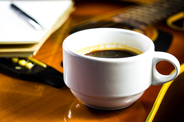 Acoustic guitar with a cup of coffee