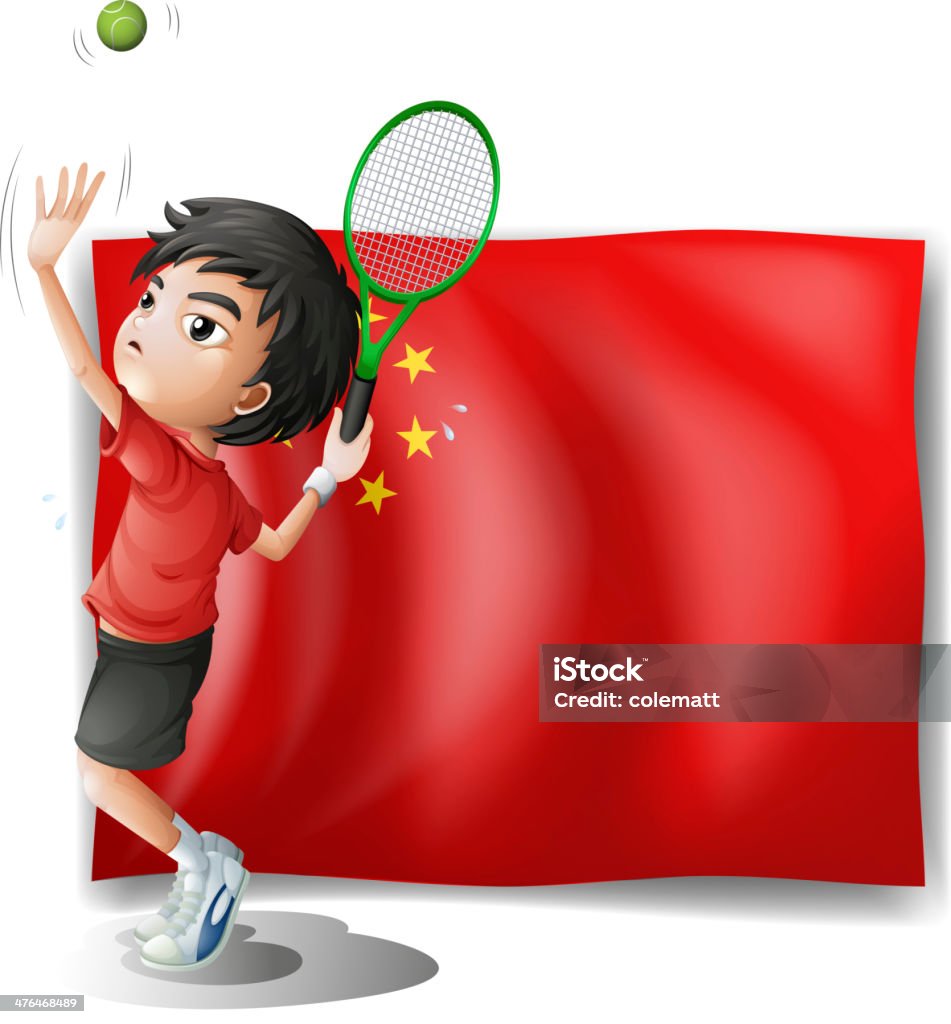 Petit garçon jouant au tennis devant le drapeau chinois - clipart vectoriel de Activité libre de droits