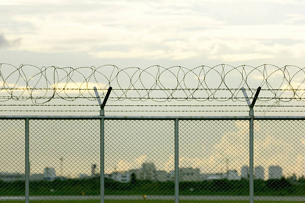 security restricted area with a barbed wire fence security restricted area with a barbed wire fence detainee stock pictures, royalty-free photos & images